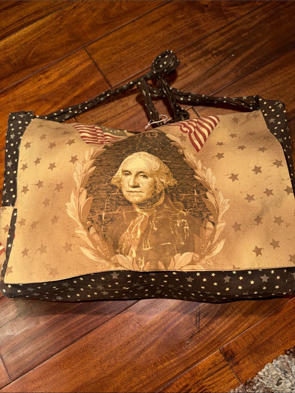 Patriotic Canvas Duffel Bag with George Washington Print - Beige and Black
